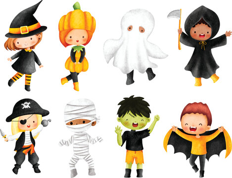 Watercolor Illustration set of Kids in Halloween Costume