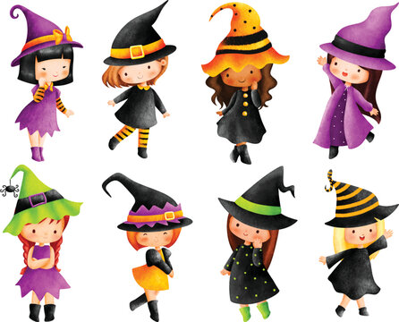 Watercolor Illustration set of Cute Little Witch