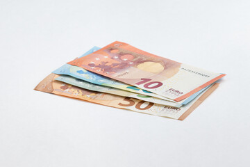 5, 10, 20, 50 euro banknotes. Money on white background