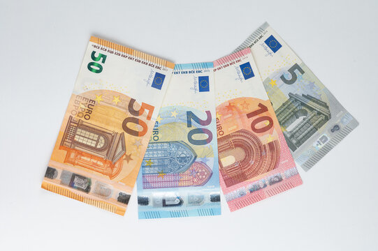 5, 10, 20, 50 euro banknotes. Money on white background