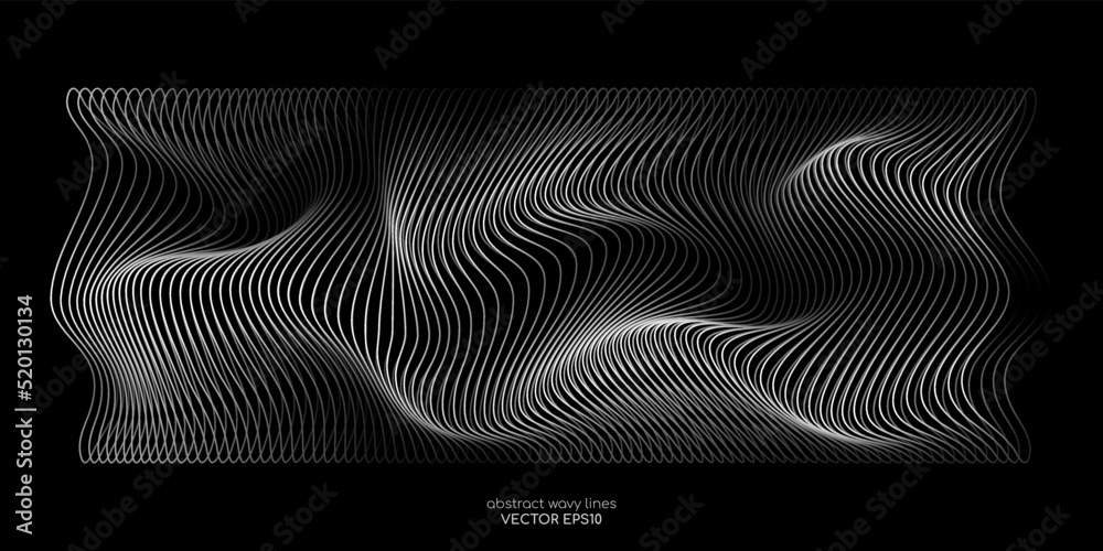 Poster 3D Vector wave lines pattern smooth curve flowing dynamic white light isolated on black background for concept of technology, digital, communication, science, music