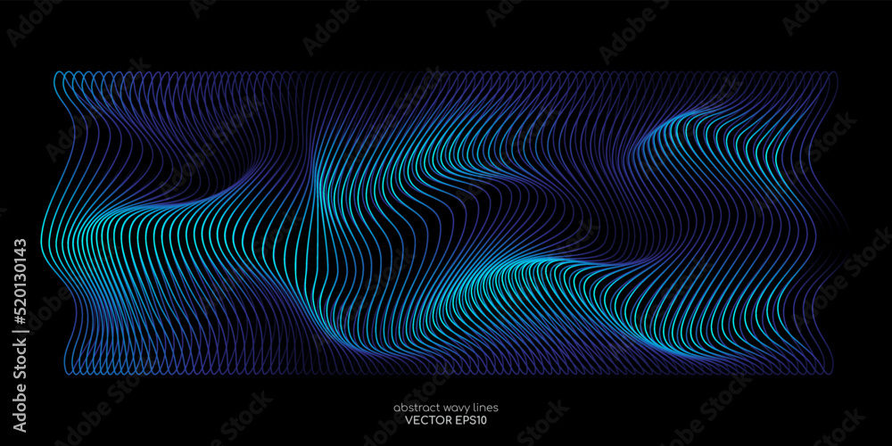 Aufkleber 3D Vector wave lines pattern smooth curve flowing dynamic blue green gradient light isolated on black background for concept of technology, digital, communication, science, music