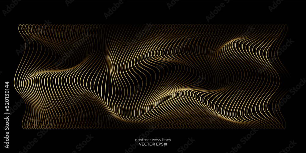 Poster 3D Vector wave lines pattern smooth curve flowing dynamic gold gradient light isolated on black background for concept of luxury, technology, digital, communication, science, music