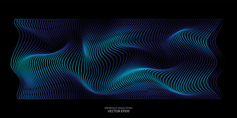 3D Vector wave lines pattern smooth curve flowing dynamic blue green gradient light isolated on black background for concept of technology, digital, communication, science, music - 520130143