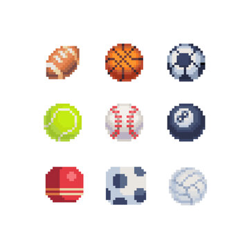 Sports balls pixel art icons set, baseball american sport, basketball, football ball and rugby isolated vector illustration. sports equipment, accessories. Design for logo and app. Game assets 8-bit.