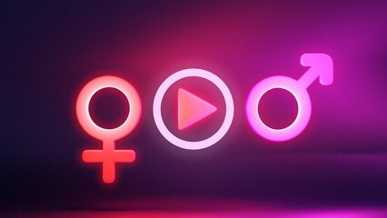 Watching movies online adult video gender symbol and sign play video love female male light neon bright romantic night couple sexual intercourse sensual erotic red, violet background. 3D Illustration. - obrazy, fototapety, plakaty