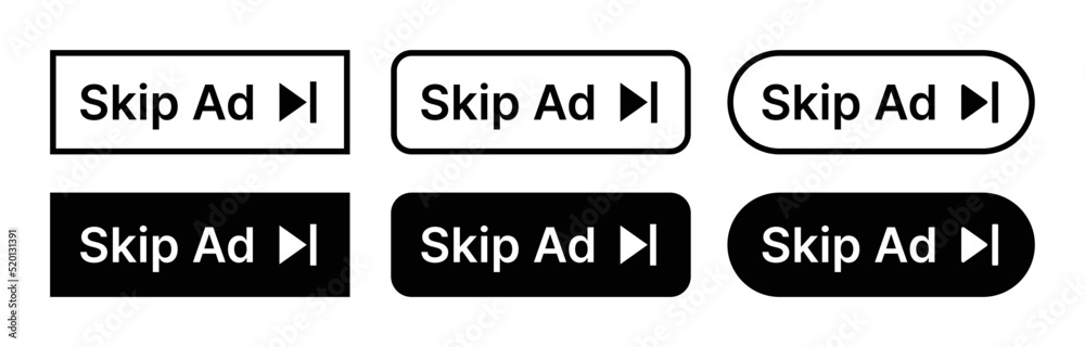 Poster Skip Ad button icon set vector isolated on white background. Avoid advertisement symbol.