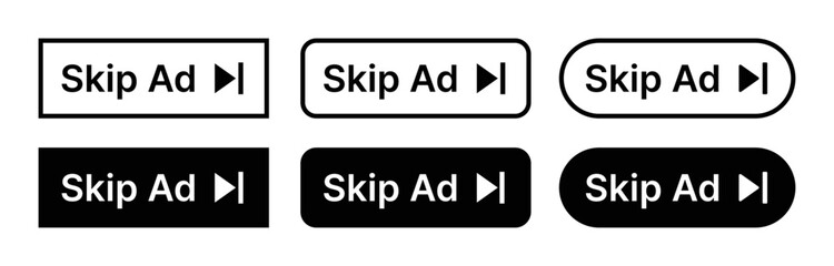 Skip Ad button icon set vector isolated on white background. Avoid advertisement symbol. - obrazy, fototapety, plakaty