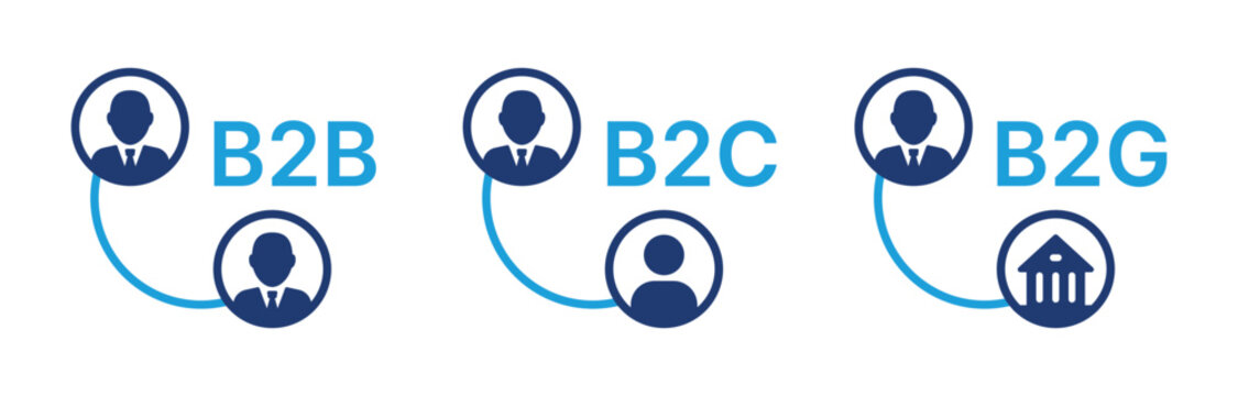 Business to consumer (B2C), business to business (B2B), and business to government (B2G) marketing strategies vector icon illustration.