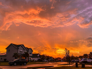 Unreal orange sunset in the residential area