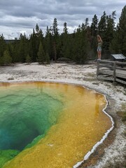 A girl ready to jump in Yellowstone hot spring 