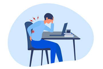 Businessman suffering from back and neck pain by office syndrome from sitting and work too long vector illustration
