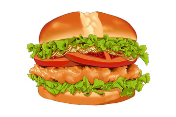 Chicken burger with lettuce, onions, and tomatoes