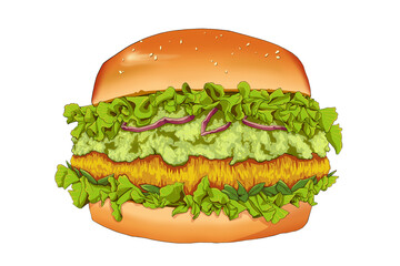 Vegetable burger with lettuce, onions, and guacamole
