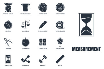 Set of Measuring icon logo vector illustration. measure, measurement pack symbol. sand glass, speedometer, barbell, calculator and more template for graphic and web design collection - obrazy, fototapety, plakaty