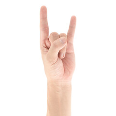Rock n roll sign hand gesture isolated on white background, Clipping path Included.