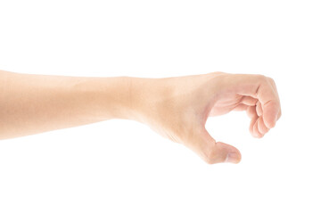 A hand that is holding or picking or gripping up something, Isolated on white background, Clipping path Included.