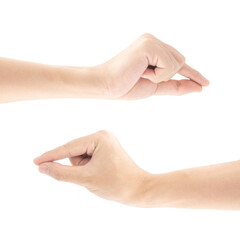 A hand holding or picking up something with the fingers, Isolated on white background, Clipping path Included.