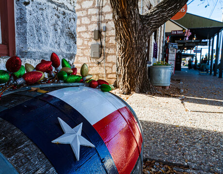 Christmas Decorations On The Sidewalk Of Downtown, Fredericksburg, Texas, USA