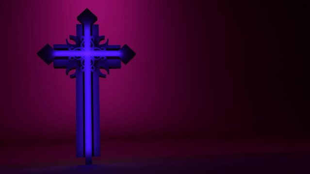 Neon shine christian cross with backlight. Religion concept animation. 3D render