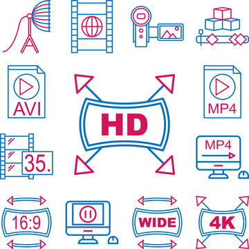 Video production, HD icon in a collection with other items