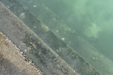 Concrete steps descend into the depths of an outdoor salt water pool, the water is turbid