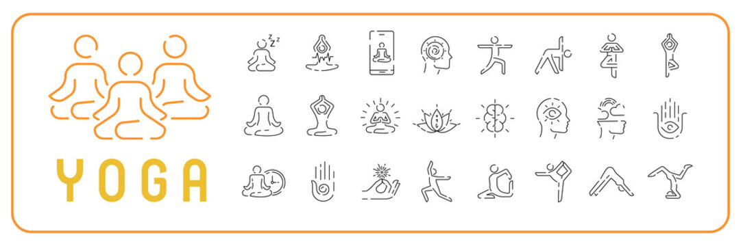 Set line icons of meditation and yoga. Healthy lifestyle sport or gymnastics exercises, stretching vector sign