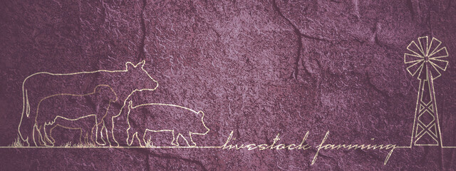 Overlayed outline icons of ram, cow and pig. Ecologically clean area. Village in the summer. Thin line style illustration or background for eco products. Banner with livestock farming text.