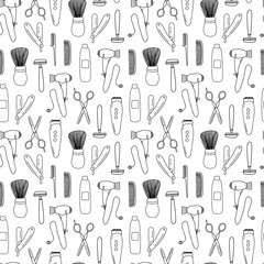 Doodle hair salon seamless pattern isolated on white background. Hand drawn vector barbershop elements seamless pattern