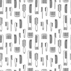 Doodle hair comb seamless pattern. Hand drawn vector different comb on white background.