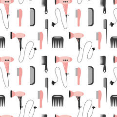 Hair salon vector seamless pattern. Flat seamless pattern with hair dryer and comb on white background.