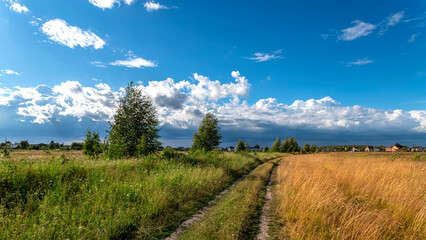 Classic rural landscape with road. Green field against blue sky with clouds.