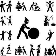 Man makes snowball icon in a collection with other items