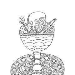 Coloring page with ice cream in glass bowl vector illustration. Cute doodle coloring page with tasty dessert