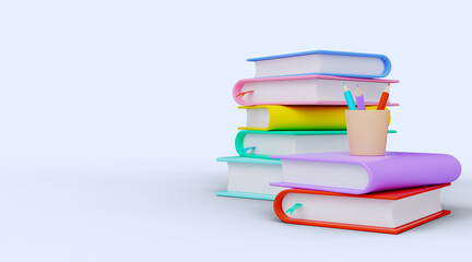 Banner back to school. Stack of books with pencils. 3D render.