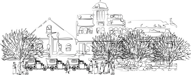 Black and white illustration sketch of Kalibesar Jakarta, Indonesia