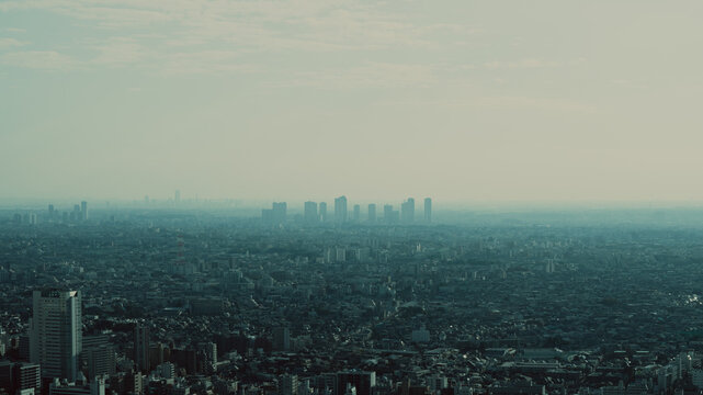 Tokyo cityscape with isolated buildings on a cloudy blue day