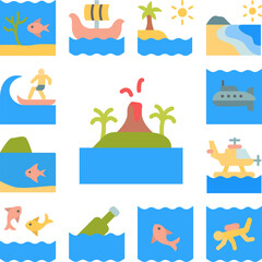 Volcano, ocean, island icon in a collection with other items