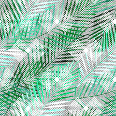 Seamless tropical pattern. Green palm leaves on textured light gray. - 520141752