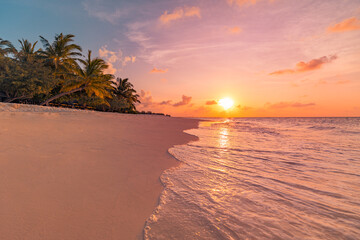 Amazing fantasy landsape, dream nature beach shore, palm trees silhouette. Closeup waves splashing...