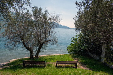 Iseo lake coast in spring time, Italy.