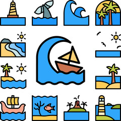 Storm, wave, boat, ocean icon in a collection with other items