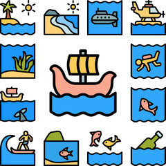 Viking, ship, ocean icon in a collection with other items