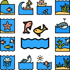 Fish, ocean, jumping icon in a collection with other items