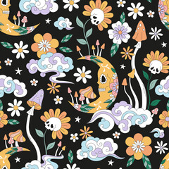 Trippy Mushrooms Scull Crescent Flowers groovy vector seamless pattern. Retro 60s 70s boho mystic night floral background. Hippie Halloween surface design.
