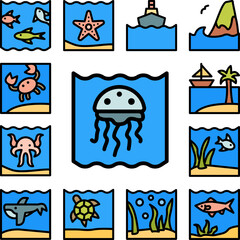 Jellyfish, ocean icon in a collection with other items
