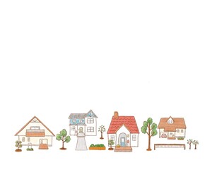 住宅街の街並みの色鉛筆画イラストフレーム