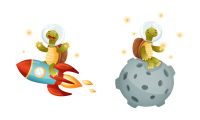 Cute Green Turtle in Outer Space Flying Rocket and Moon Waving Paw Vector Set