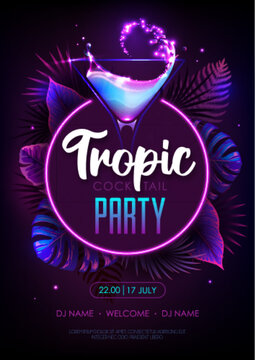 Summer tropic cocktail party poster with fluorescent tropic leaves. Nature concept. Summer background. Vector illustration