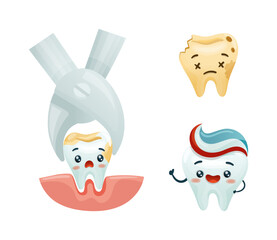 Dental Care with Cute Funny Tooth Character with Caries and Toothpaste Vector Set